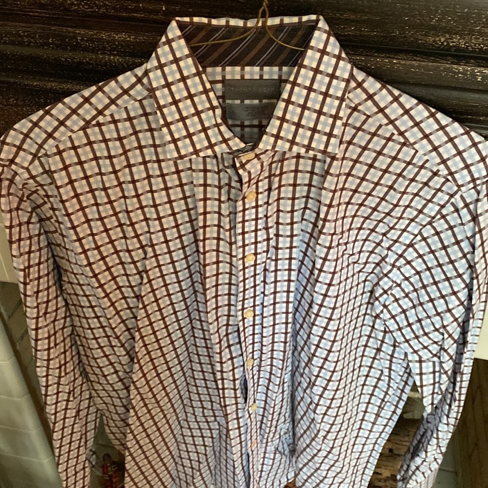 Thomas Dean light blue and brown windowpane dress shirt in size large